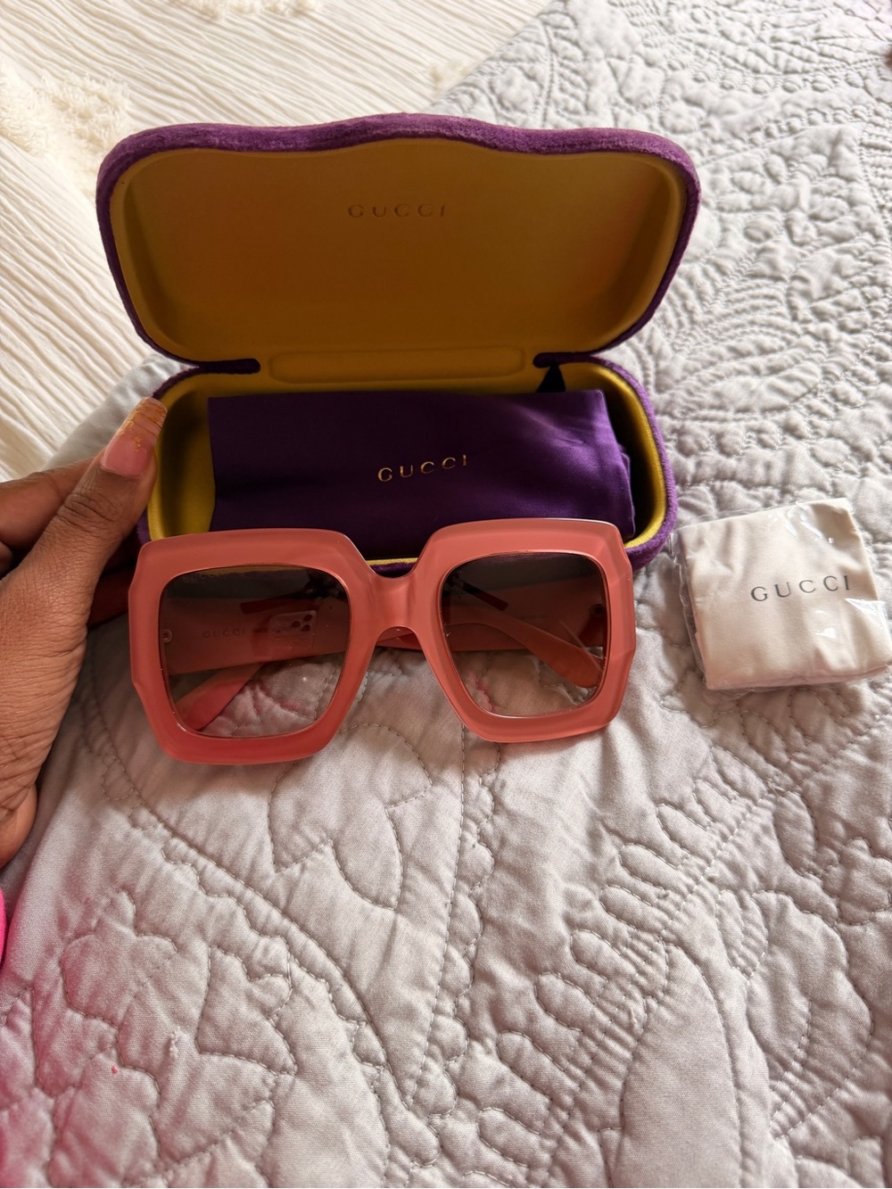 Gucci Pink Square Frame Sunglasses with Gold GG Accents - Picture 2 of 3
